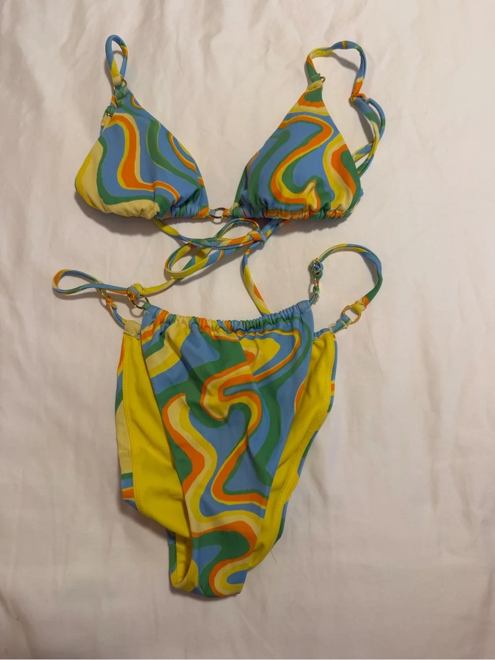 Pacsun La Hearts Yellow & Multicolor Swirl Triangle Bikini Top and Bottom set